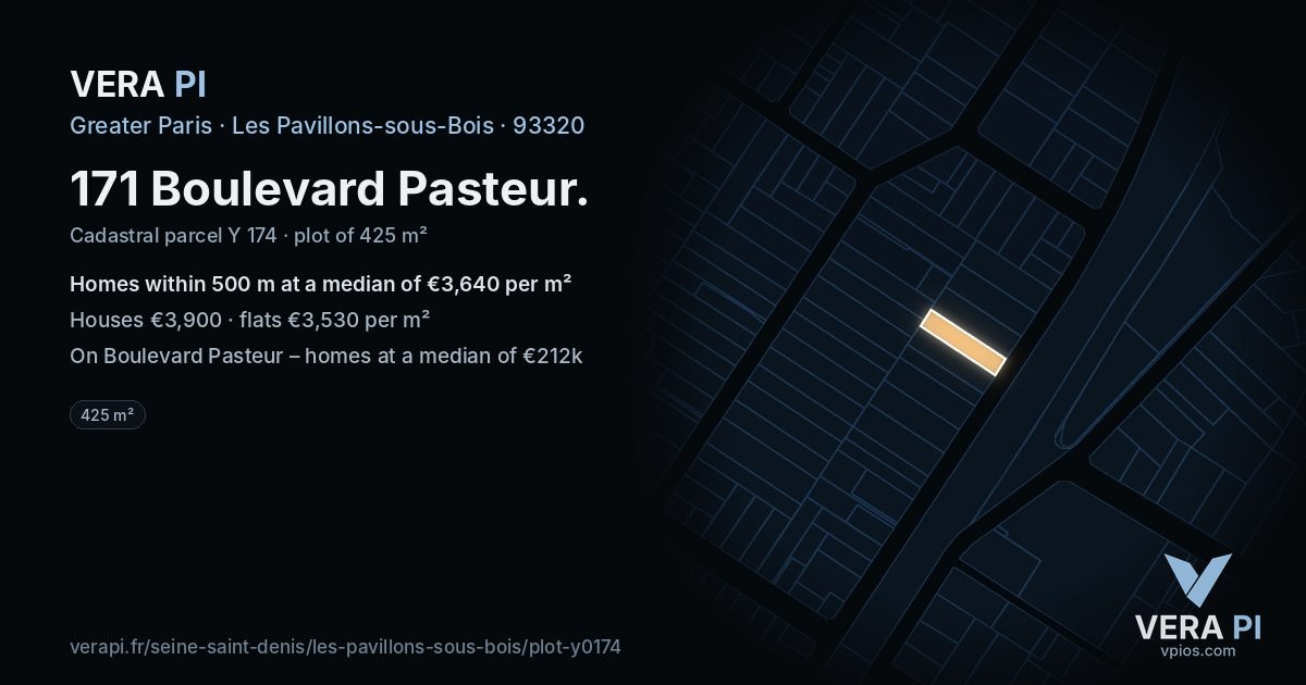 171 Boulevard Pasteur, Les Pavillons-sous-Bois at night – the plot lit, the parcels around coloured by the prices near them