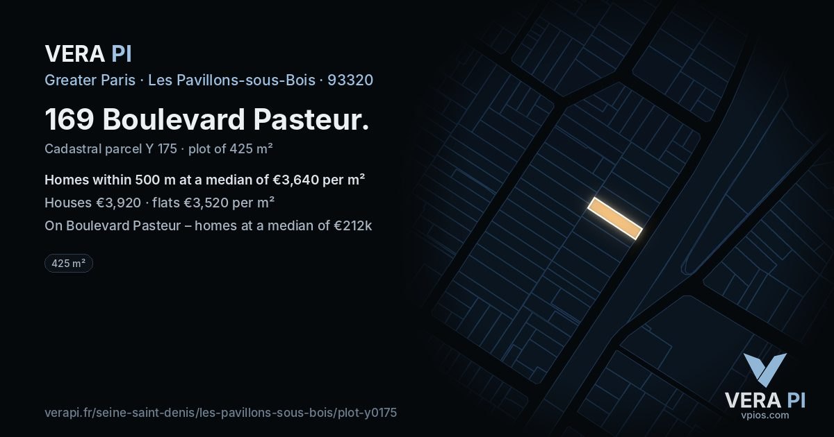 169 Boulevard Pasteur, Les Pavillons-sous-Bois at night – the plot lit, the parcels around coloured by the prices near them