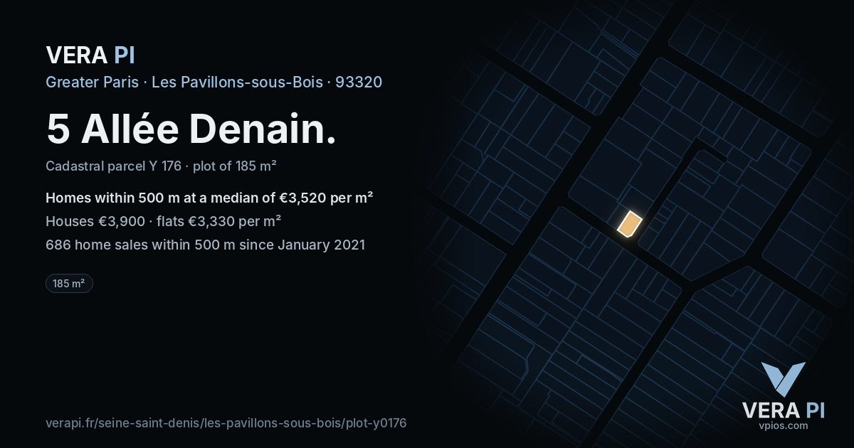 5 Allée Denain, Les Pavillons-sous-Bois at night – the plot lit, the parcels around coloured by the prices near them