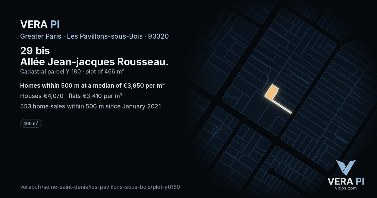 29 bis Allée Jean-jacques Rousseau, Les Pavillons-sous-Bois at night – the plot lit, the parcels around coloured by the prices near them