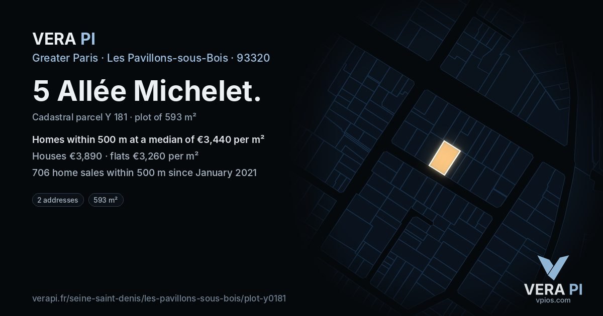 5 Allée Michelet, Les Pavillons-sous-Bois at night – the plot lit, the parcels around coloured by the prices near them
