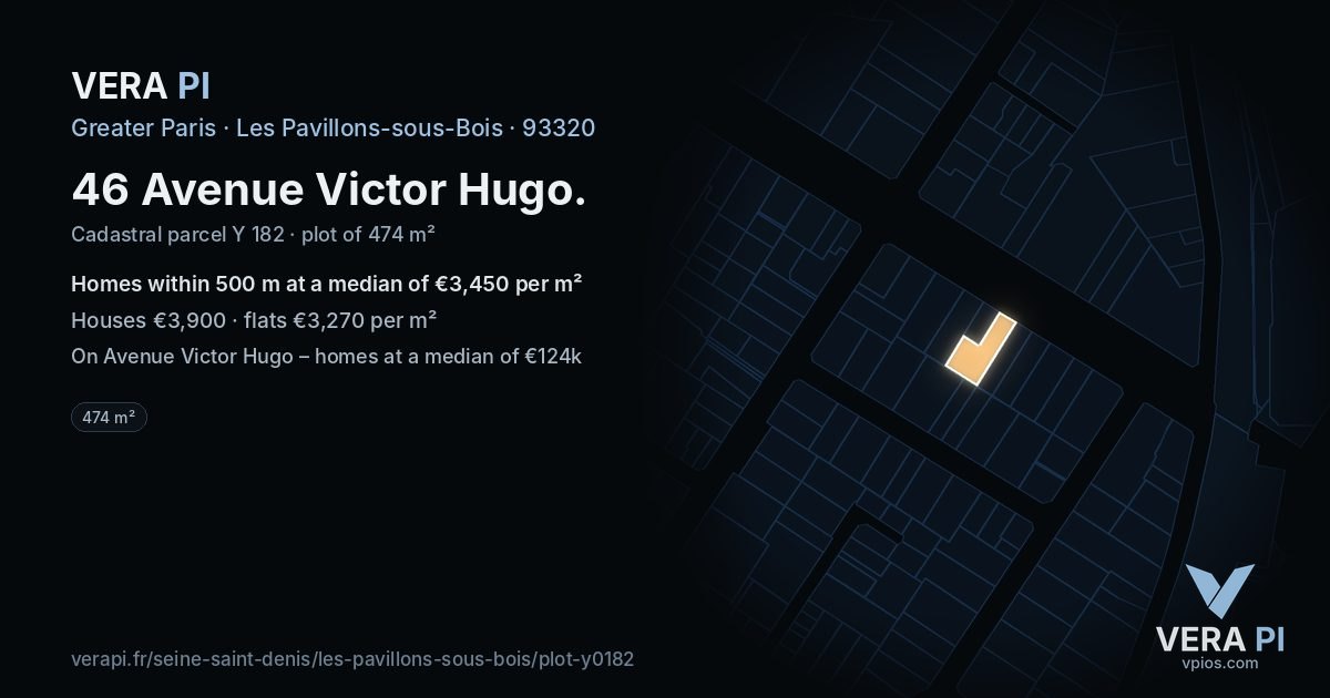 46 Avenue Victor Hugo, Les Pavillons-sous-Bois at night – the plot lit, the parcels around coloured by the prices near them