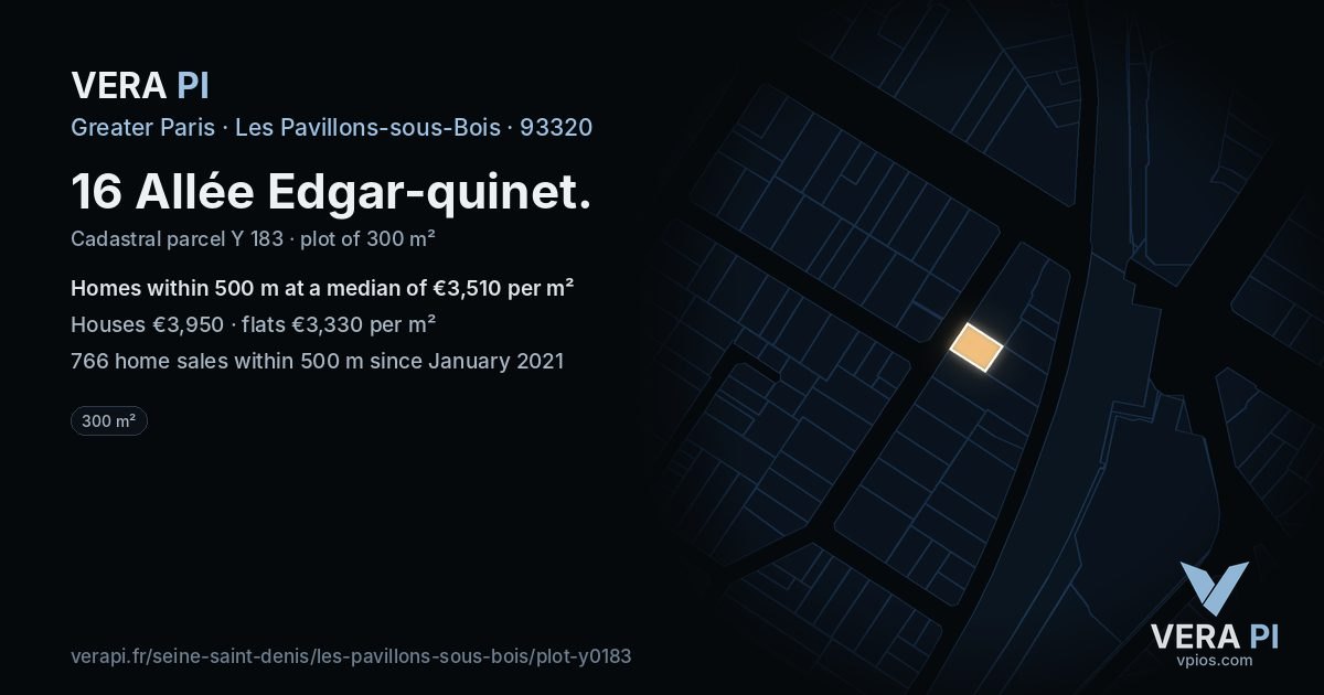 16 Allée Edgar-quinet, Les Pavillons-sous-Bois at night – the plot lit, the parcels around coloured by the prices near them
