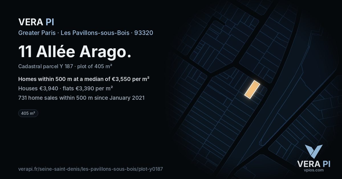 11 Allée Arago, Les Pavillons-sous-Bois at night – the plot lit, the parcels around coloured by the prices near them