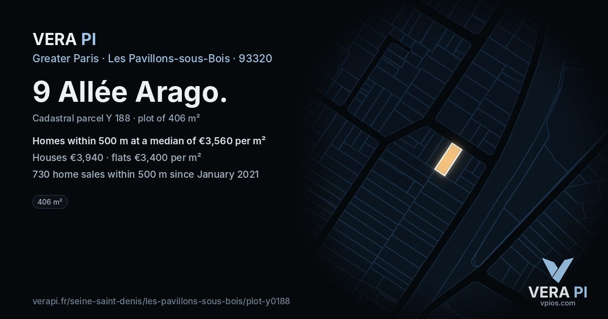 9 Allée Arago, Les Pavillons-sous-Bois at night – the plot lit, the parcels around coloured by the prices near them