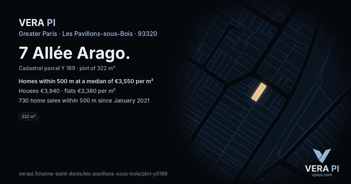 7 Allée Arago, Les Pavillons-sous-Bois at night – the plot lit, the parcels around coloured by the prices near them