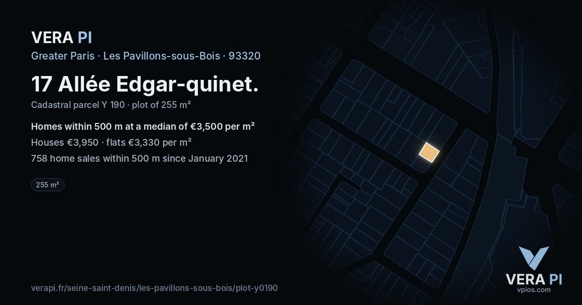 17 Allée Edgar-quinet, Les Pavillons-sous-Bois at night – the plot lit, the parcels around coloured by the prices near them