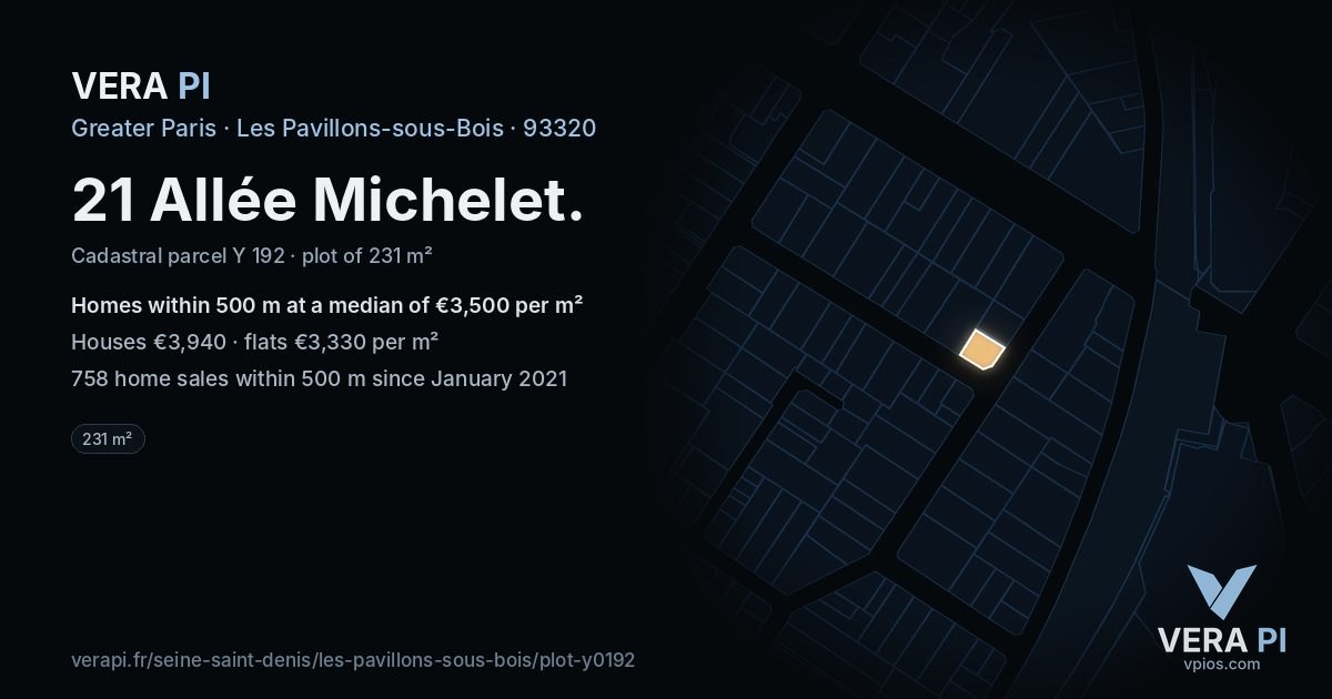 21 Allée Michelet, Les Pavillons-sous-Bois at night – the plot lit, the parcels around coloured by the prices near them