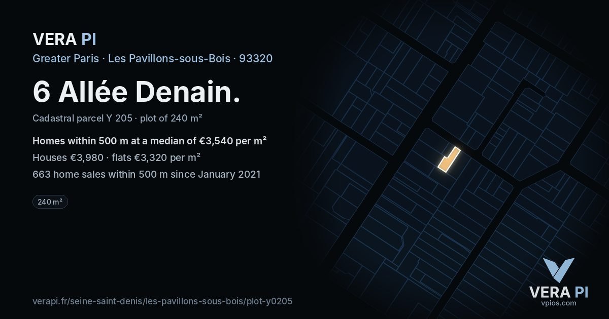 6 Allée Denain, Les Pavillons-sous-Bois at night – the plot lit, the parcels around coloured by the prices near them