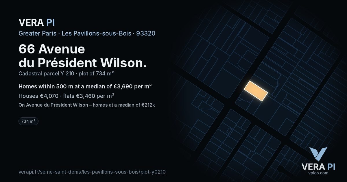 66 Avenue du Président Wilson, Les Pavillons-sous-Bois at night – the plot lit, the parcels around coloured by the prices near them