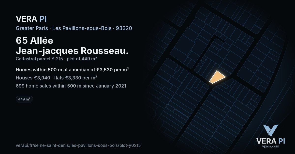 65 Allée Jean-jacques Rousseau, Les Pavillons-sous-Bois at night – the plot lit, the parcels around coloured by the prices near them