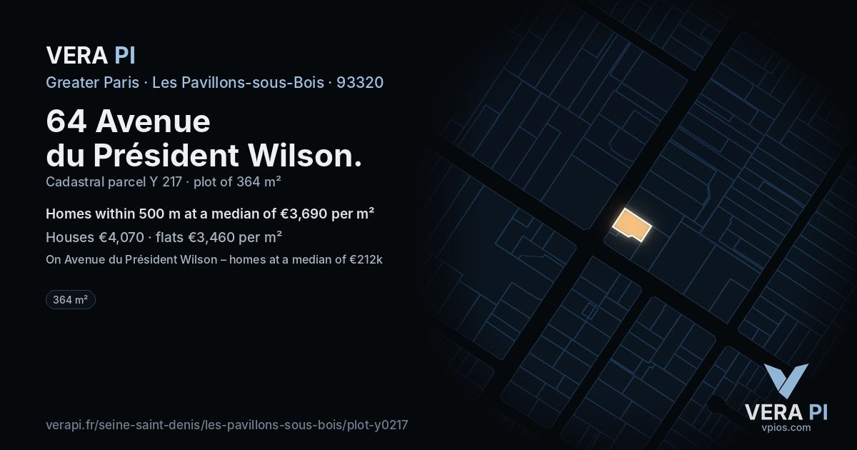 64 Avenue du Président Wilson, Les Pavillons-sous-Bois at night – the plot lit, the parcels around coloured by the prices near them