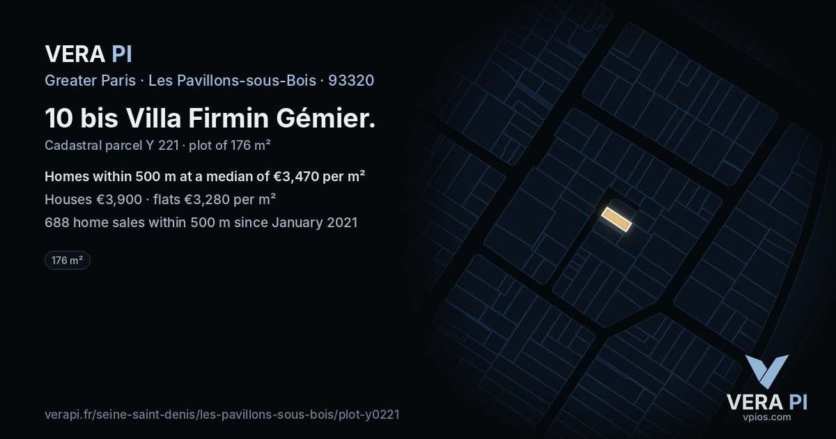 10 bis Villa Firmin Gémier, Les Pavillons-sous-Bois at night – the plot lit, the parcels around coloured by the prices near them
