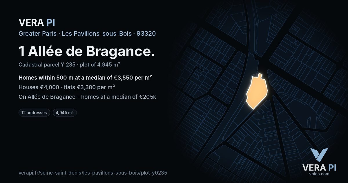1 Allée de Bragance, Les Pavillons-sous-Bois at night – the plot lit, the parcels around coloured by the prices near them