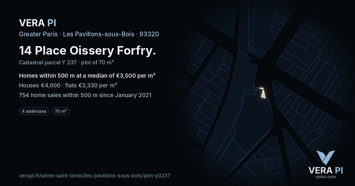 14 Place Oissery Forfry, Les Pavillons-sous-Bois at night – the plot lit, the parcels around coloured by the prices near them