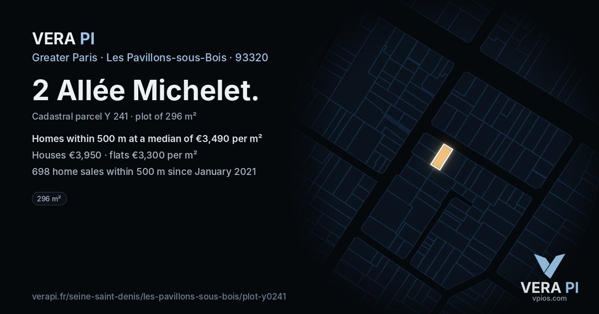 2 Allée Michelet, Les Pavillons-sous-Bois at night – the plot lit, the parcels around coloured by the prices near them