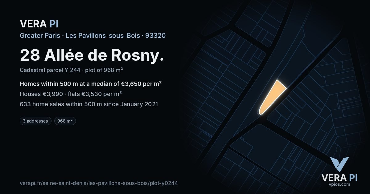 28 Allée de Rosny, Les Pavillons-sous-Bois at night – the plot lit, the parcels around coloured by the prices near them