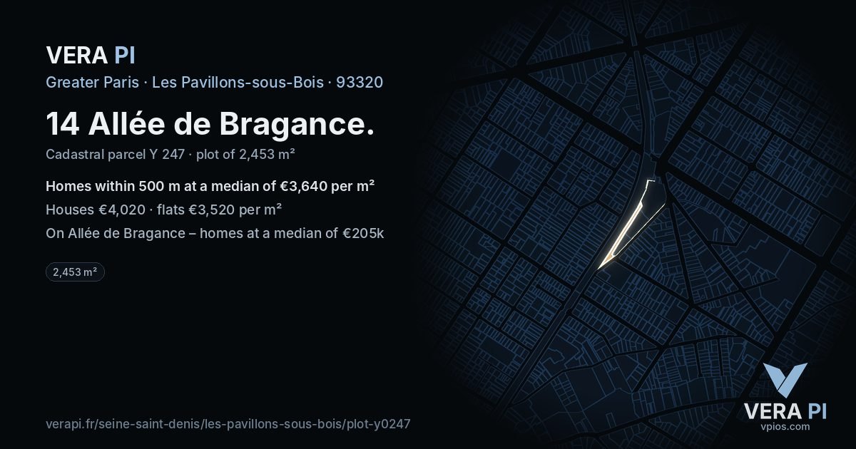 14 Allée de Bragance, Les Pavillons-sous-Bois at night – the plot lit, the parcels around coloured by the prices near them