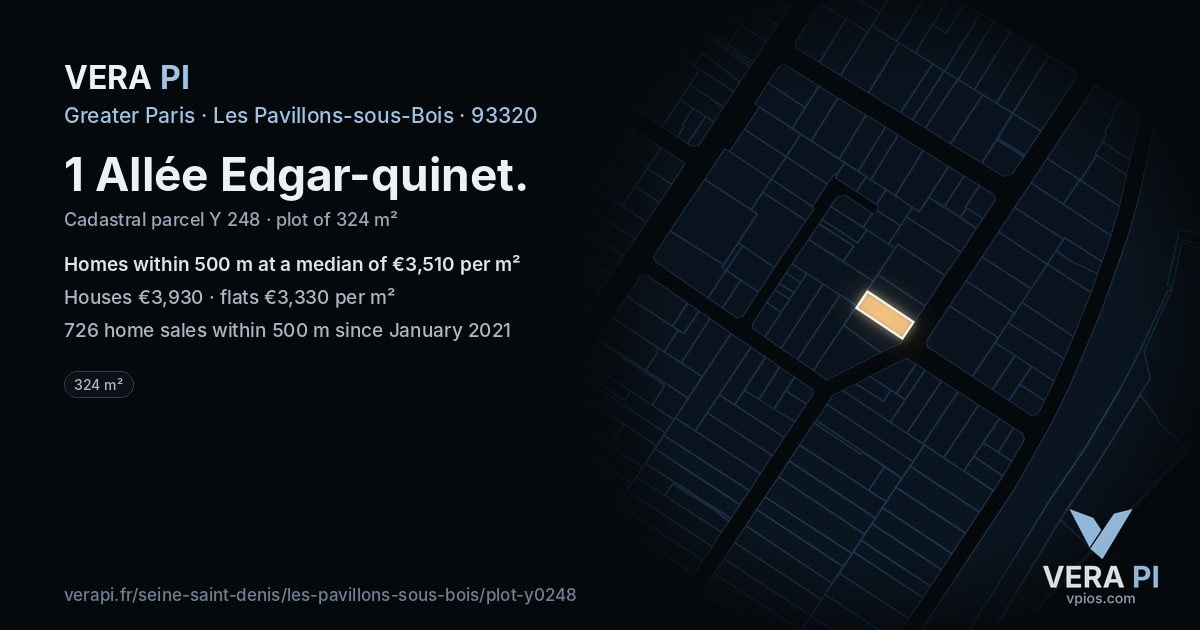 1 Allée Edgar-quinet, Les Pavillons-sous-Bois at night – the plot lit, the parcels around coloured by the prices near them