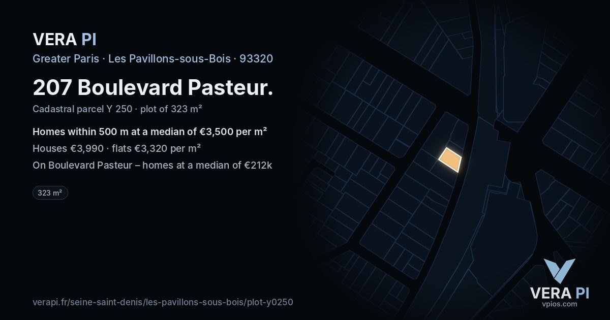 207 Boulevard Pasteur, Les Pavillons-sous-Bois at night – the plot lit, the parcels around coloured by the prices near them