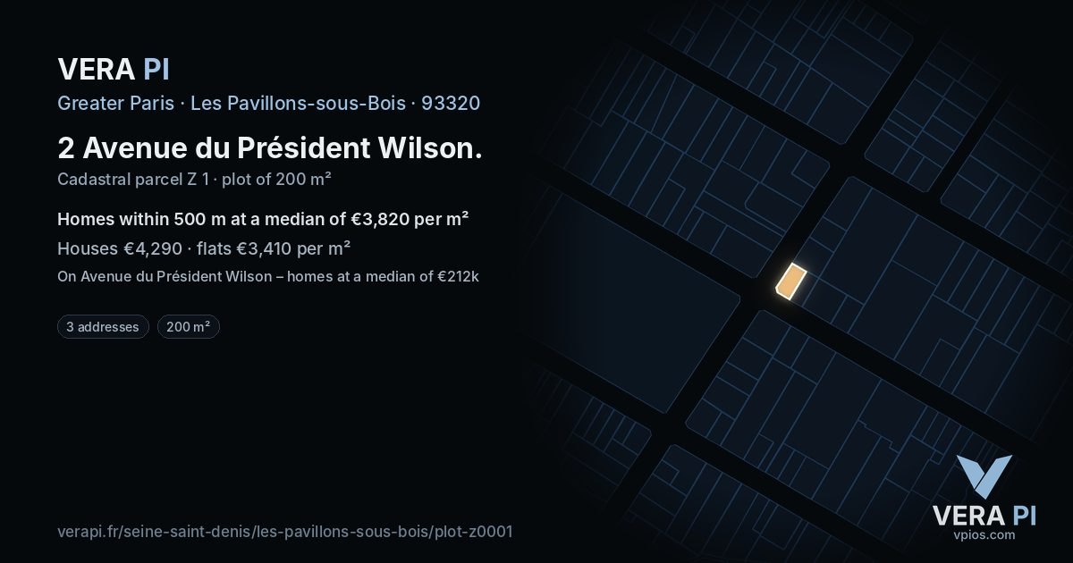 2 Avenue du Président Wilson, Les Pavillons-sous-Bois at night – the plot lit, the parcels around coloured by the prices near them