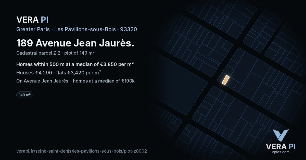 189 Avenue Jean Jaurès, Les Pavillons-sous-Bois at night – the plot lit, the parcels around coloured by the prices near them
