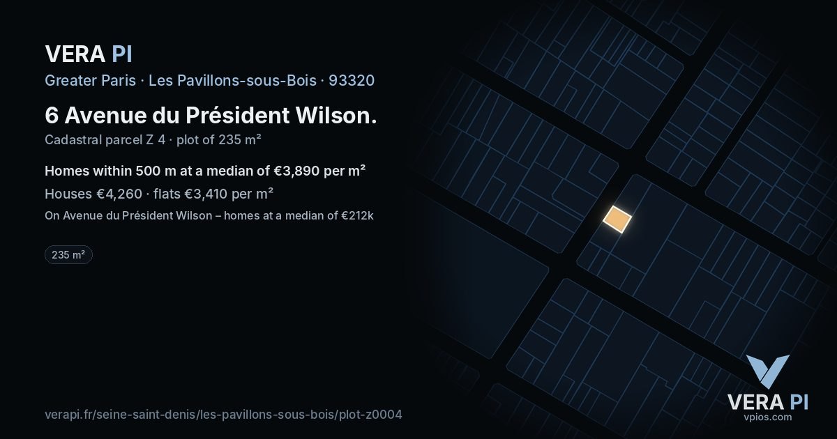 6 Avenue du Président Wilson, Les Pavillons-sous-Bois at night – the plot lit, the parcels around coloured by the prices near them