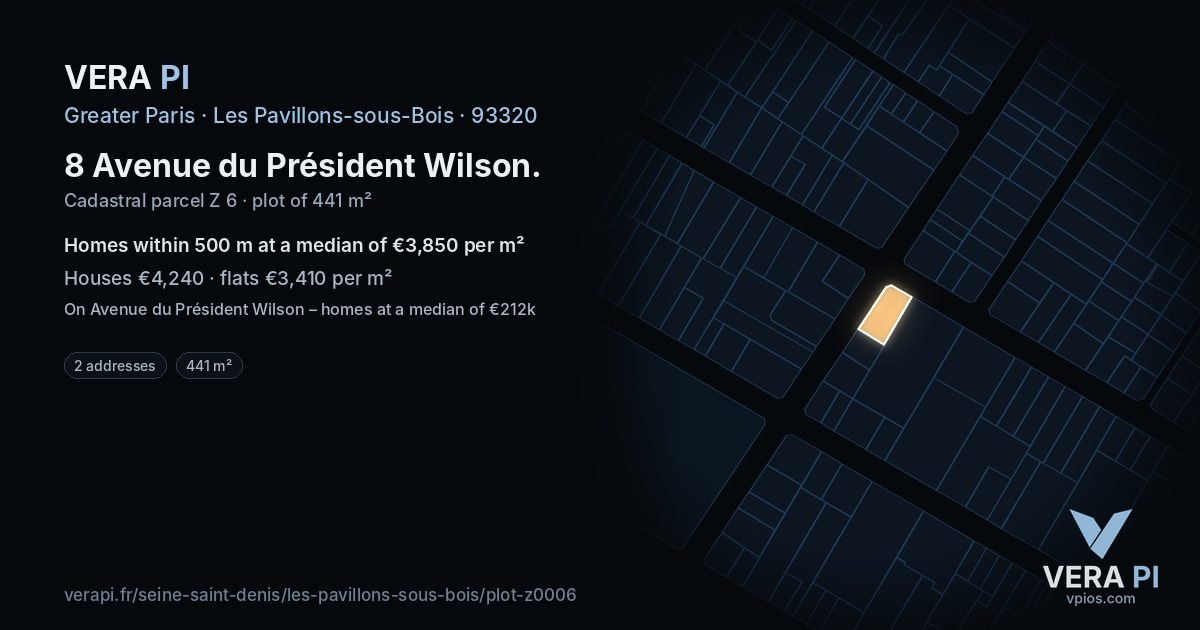 8 Avenue du Président Wilson, Les Pavillons-sous-Bois at night – the plot lit, the parcels around coloured by the prices near them