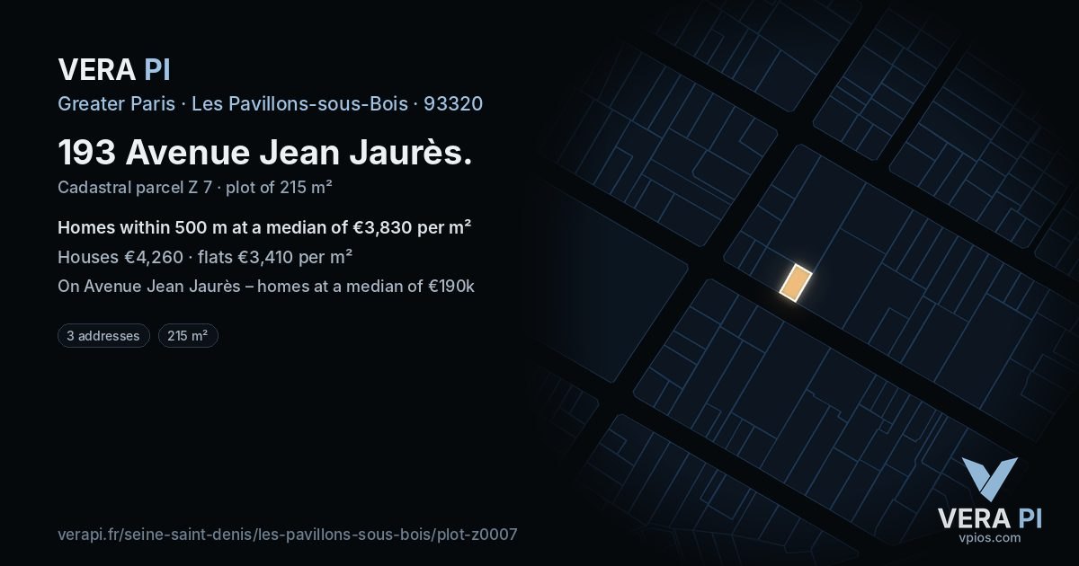 193 Avenue Jean Jaurès, Les Pavillons-sous-Bois at night – the plot lit, the parcels around coloured by the prices near them