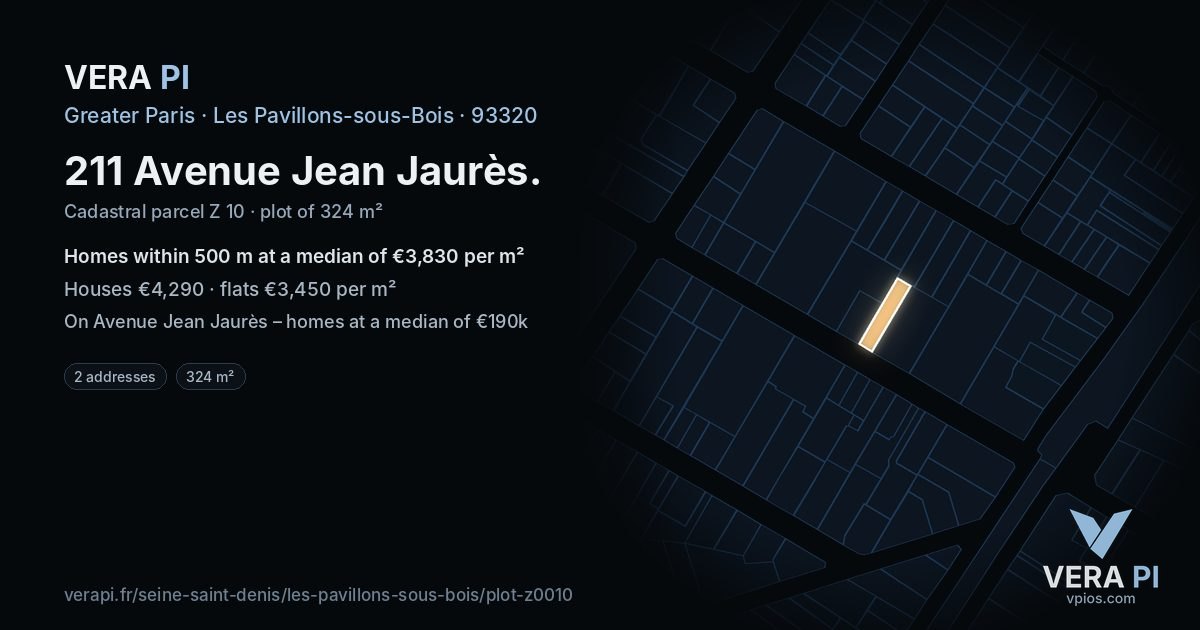 211 Avenue Jean Jaurès, Les Pavillons-sous-Bois at night – the plot lit, the parcels around coloured by the prices near them