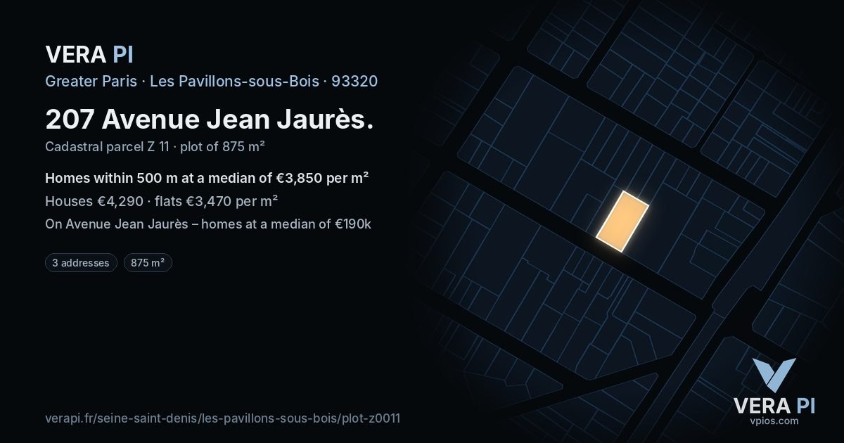 207 Avenue Jean Jaurès, Les Pavillons-sous-Bois at night – the plot lit, the parcels around coloured by the prices near them