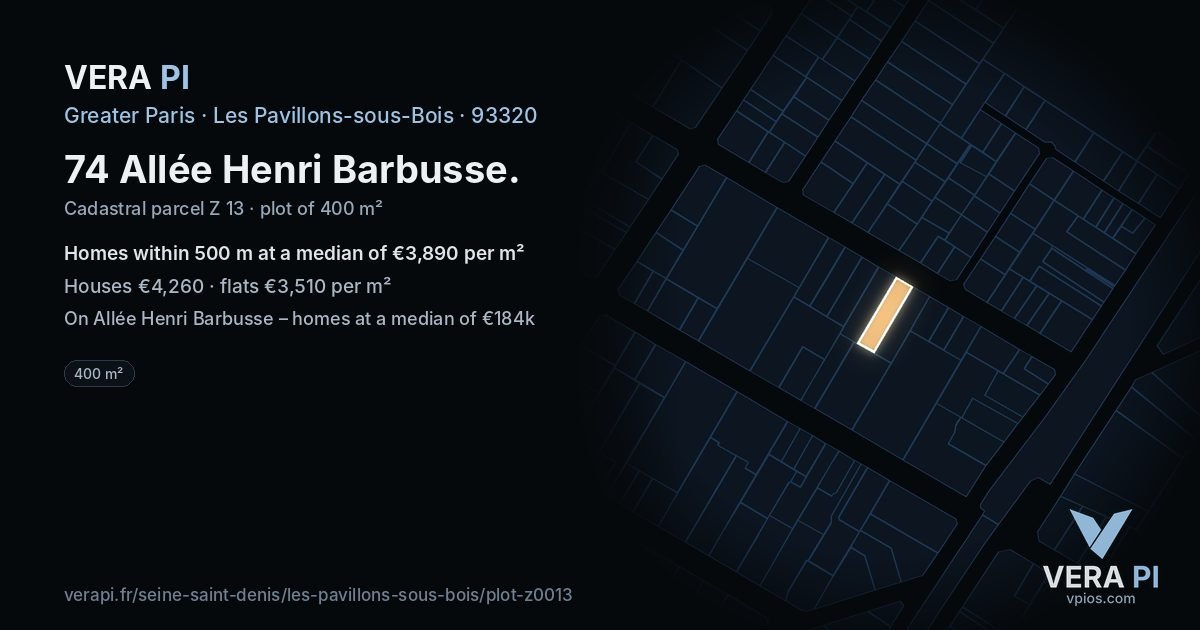 74 Allée Henri Barbusse, Les Pavillons-sous-Bois at night – the plot lit, the parcels around coloured by the prices near them