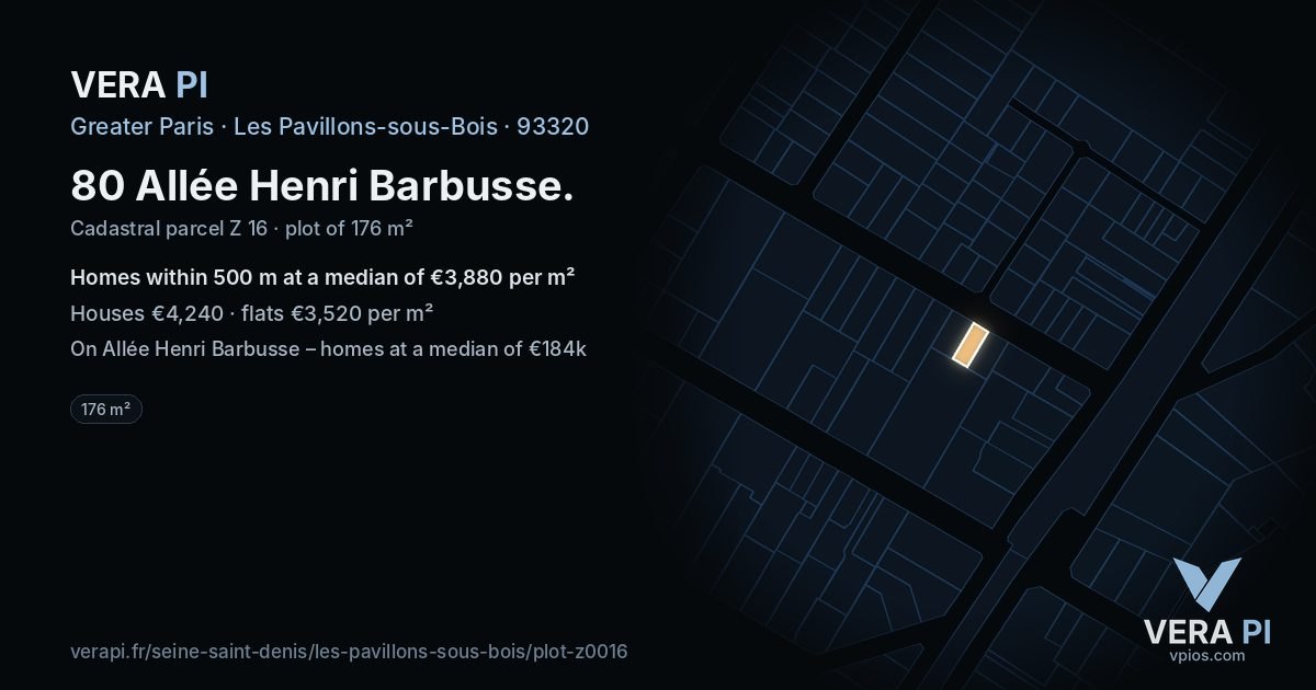 80 Allée Henri Barbusse, Les Pavillons-sous-Bois at night – the plot lit, the parcels around coloured by the prices near them