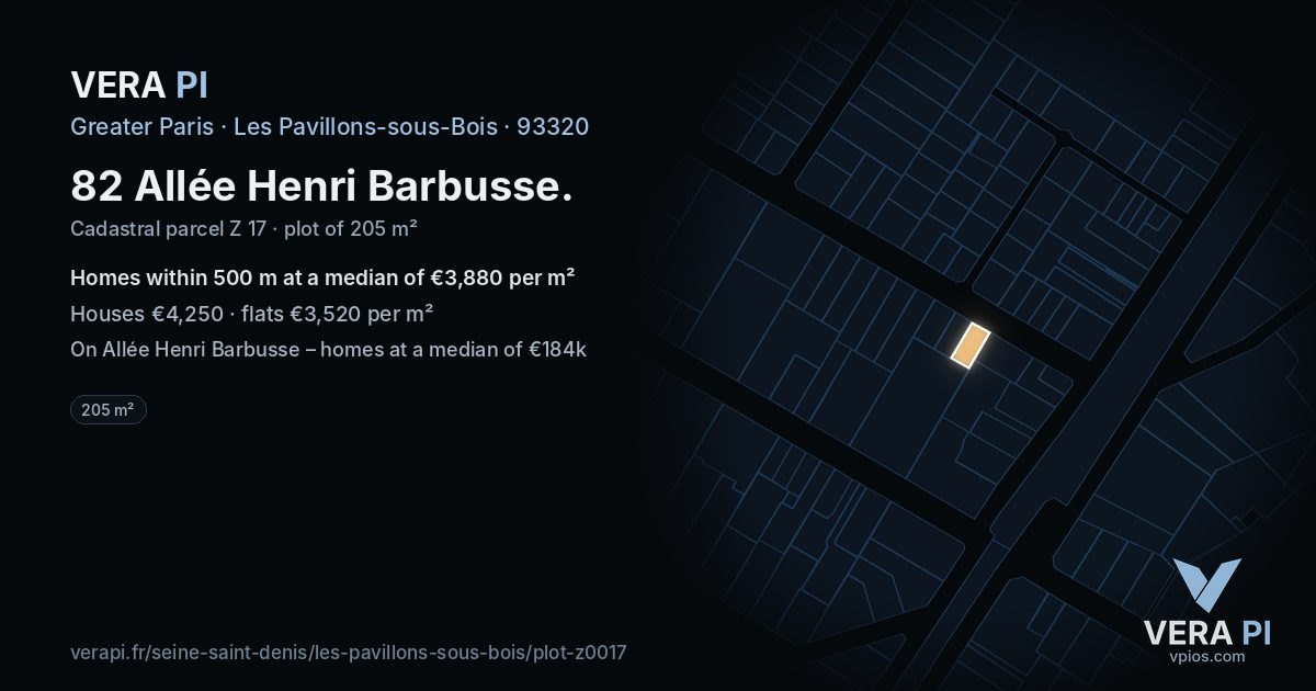 82 Allée Henri Barbusse, Les Pavillons-sous-Bois at night – the plot lit, the parcels around coloured by the prices near them