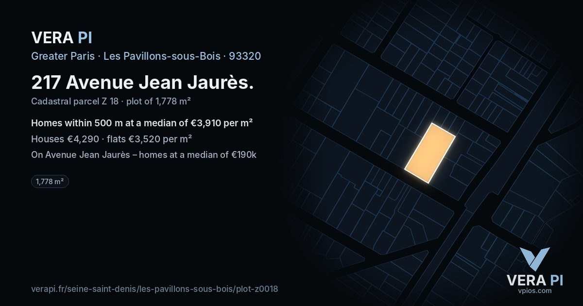 217 Avenue Jean Jaurès, Les Pavillons-sous-Bois at night – the plot lit, the parcels around coloured by the prices near them
