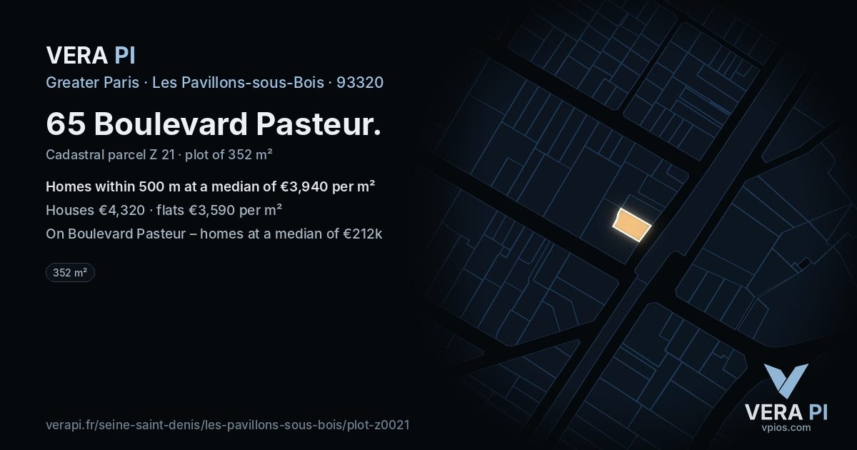 65 Boulevard Pasteur, Les Pavillons-sous-Bois at night – the plot lit, the parcels around coloured by the prices near them