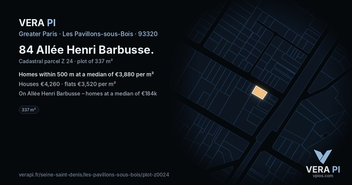 84 Allée Henri Barbusse, Les Pavillons-sous-Bois at night – the plot lit, the parcels around coloured by the prices near them