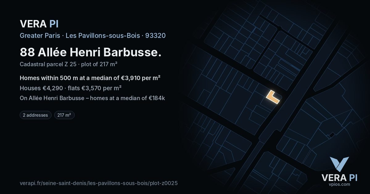 88 Allée Henri Barbusse, Les Pavillons-sous-Bois at night – the plot lit, the parcels around coloured by the prices near them