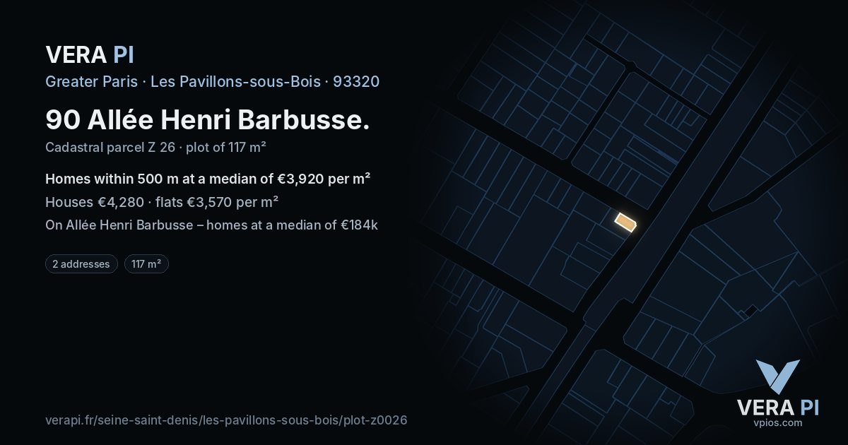 90 Allée Henri Barbusse, Les Pavillons-sous-Bois at night – the plot lit, the parcels around coloured by the prices near them
