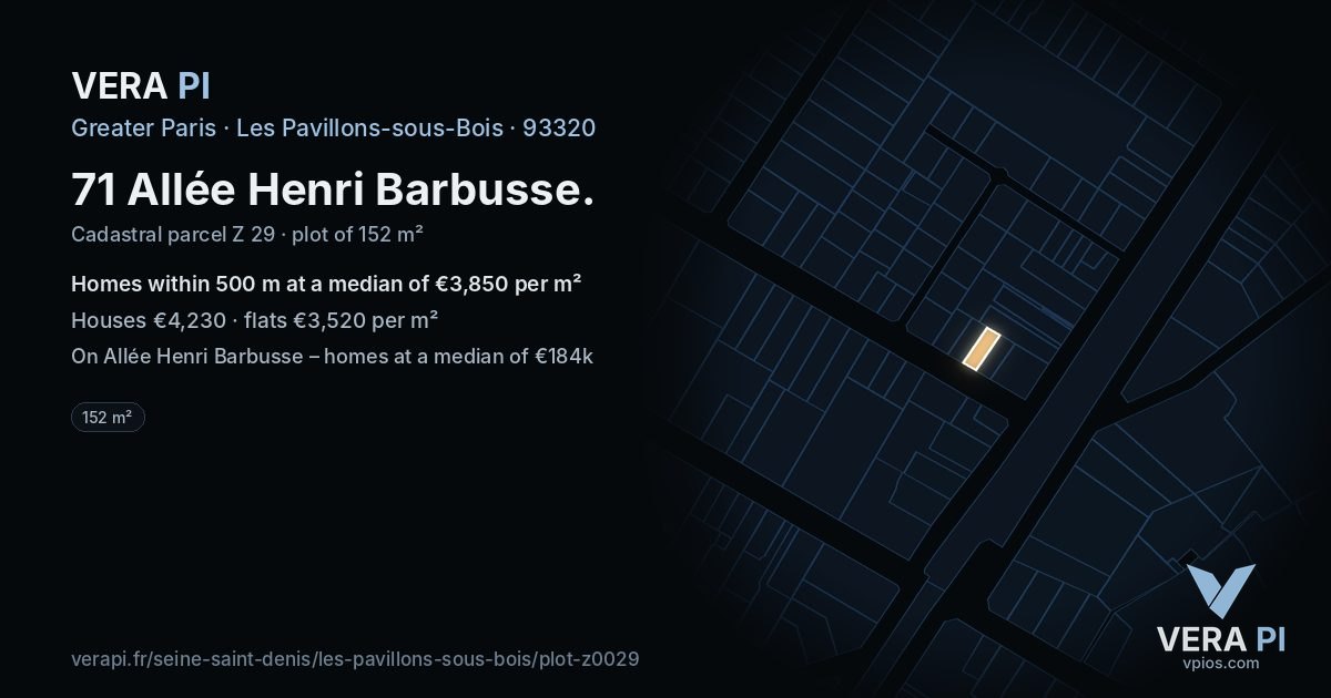 71 Allée Henri Barbusse, Les Pavillons-sous-Bois at night – the plot lit, the parcels around coloured by the prices near them