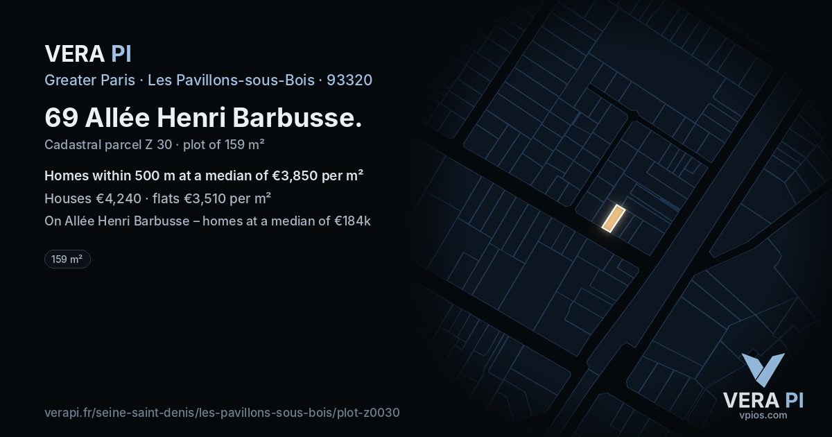 69 Allée Henri Barbusse, Les Pavillons-sous-Bois at night – the plot lit, the parcels around coloured by the prices near them