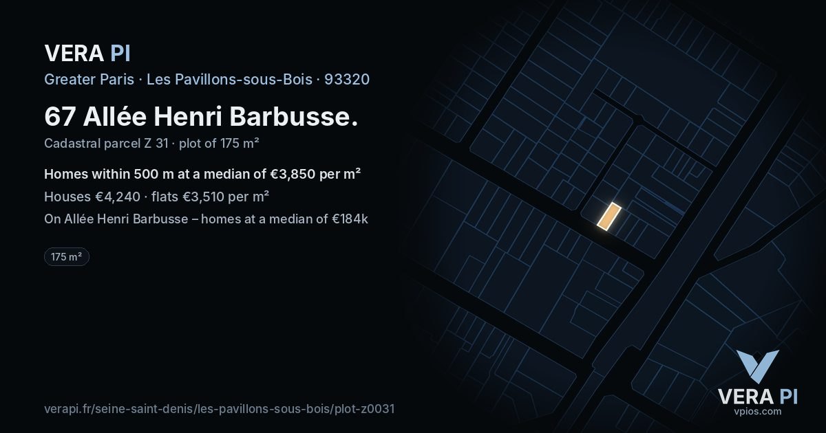67 Allée Henri Barbusse, Les Pavillons-sous-Bois at night – the plot lit, the parcels around coloured by the prices near them