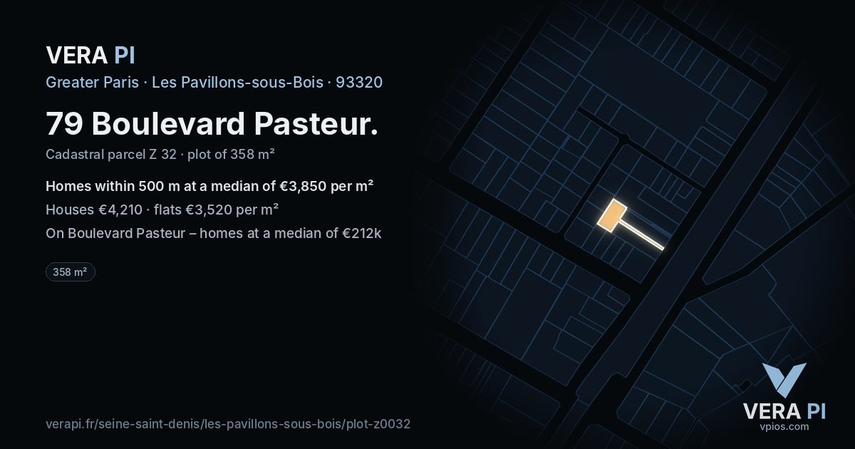 79 Boulevard Pasteur, Les Pavillons-sous-Bois at night – the plot lit, the parcels around coloured by the prices near them