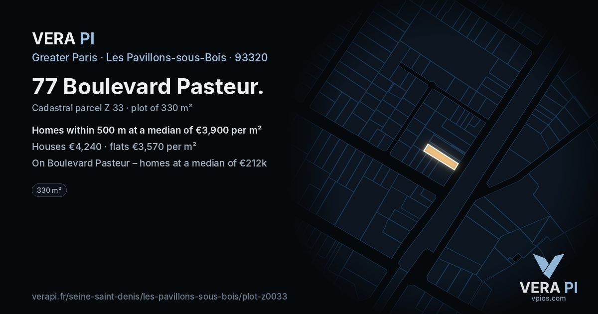77 Boulevard Pasteur, Les Pavillons-sous-Bois at night – the plot lit, the parcels around coloured by the prices near them