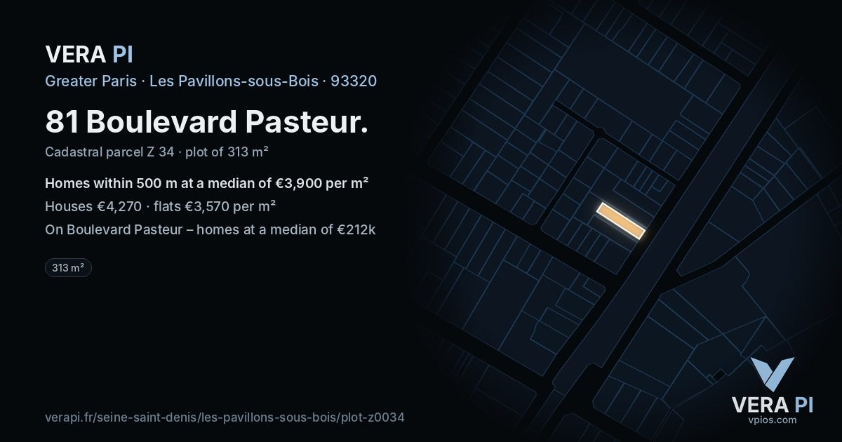 81 Boulevard Pasteur, Les Pavillons-sous-Bois at night – the plot lit, the parcels around coloured by the prices near them