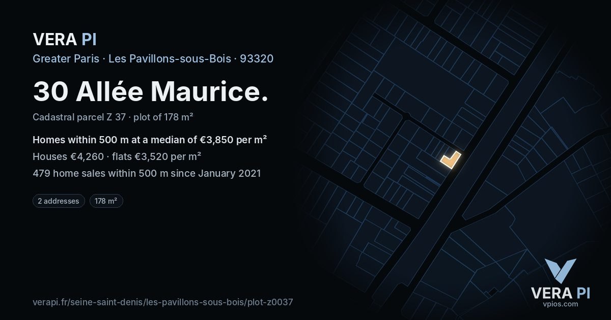30 Allée Maurice, Les Pavillons-sous-Bois at night – the plot lit, the parcels around coloured by the prices near them