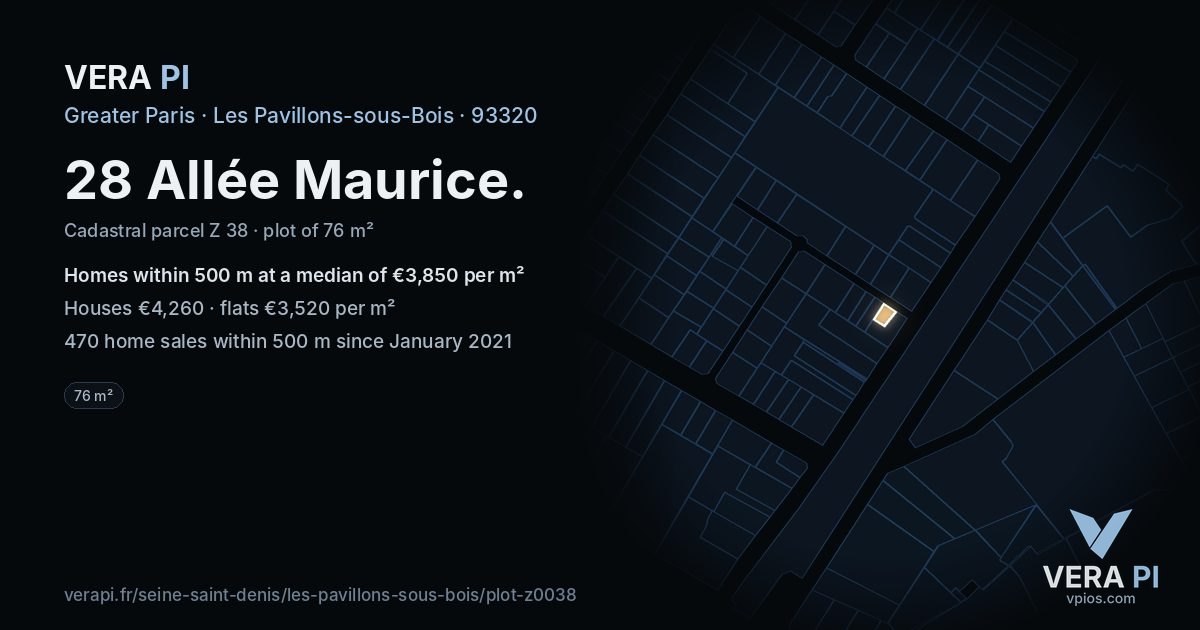 28 Allée Maurice, Les Pavillons-sous-Bois at night – the plot lit, the parcels around coloured by the prices near them