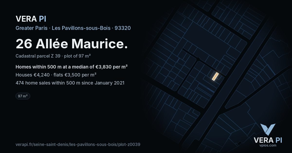 26 Allée Maurice, Les Pavillons-sous-Bois at night – the plot lit, the parcels around coloured by the prices near them