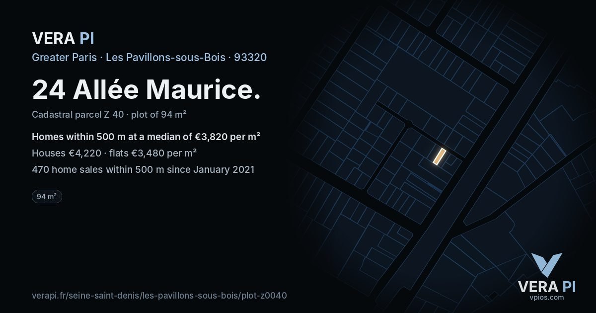 24 Allée Maurice, Les Pavillons-sous-Bois at night – the plot lit, the parcels around coloured by the prices near them