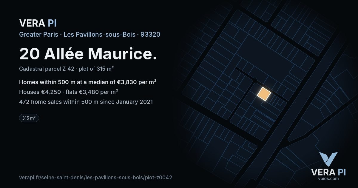 20 Allée Maurice, Les Pavillons-sous-Bois at night – the plot lit, the parcels around coloured by the prices near them
